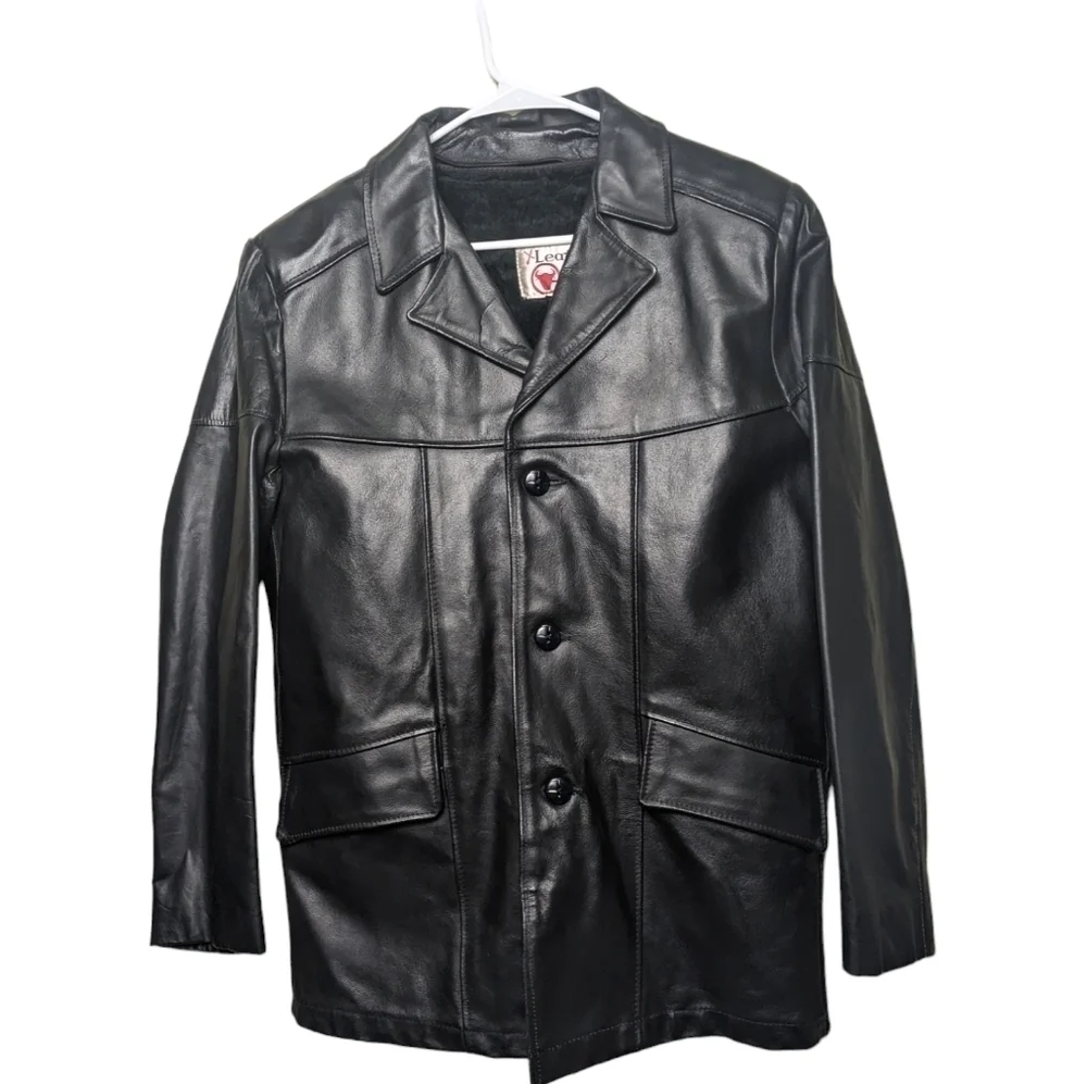 Vintage Leather Shop Sears Black Genuine Mens Jacket Coat Removable Lining 38 R
